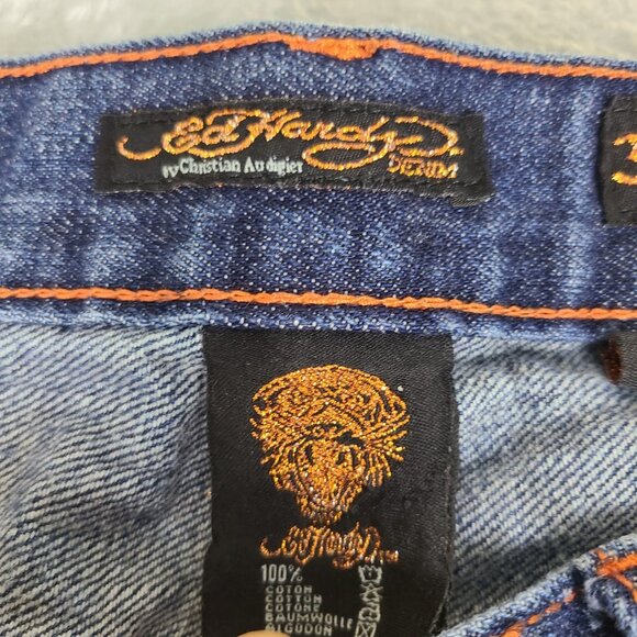 Vintage Don Ed Hardy Skull & Roses Embroidered Baggy Dark Denim Jeans Mens 32X34 - Picture 2 of 11